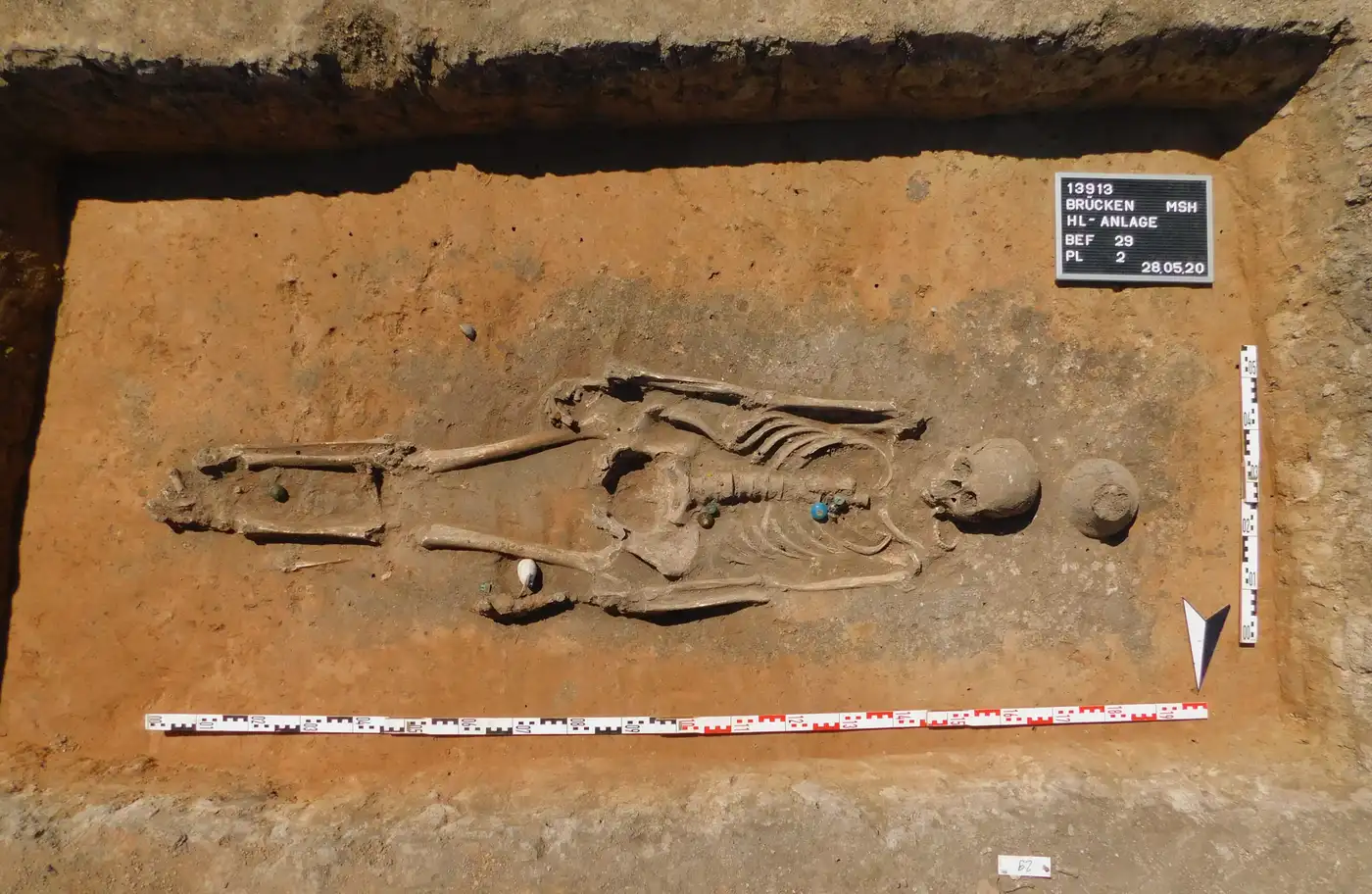 Нетронутое захоронение взрослой женщины с генетическими маркерами местного происхождения. Погребальный инвентарь: украшения из стеклянных бус и амулет из каури. Дославянское кладбище Брюккен, объект 13913:29.